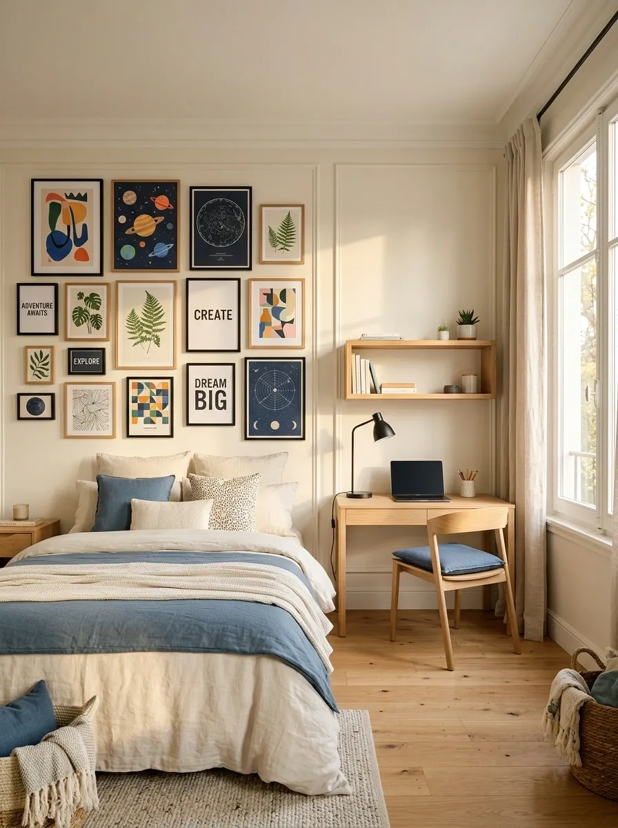Teen Bedroom With Colorful Posters and a Clean Study Zone