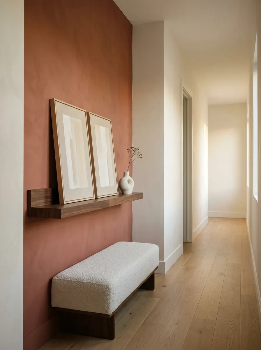 Terracotta Accent Wall With a Floating Walnut Ledge