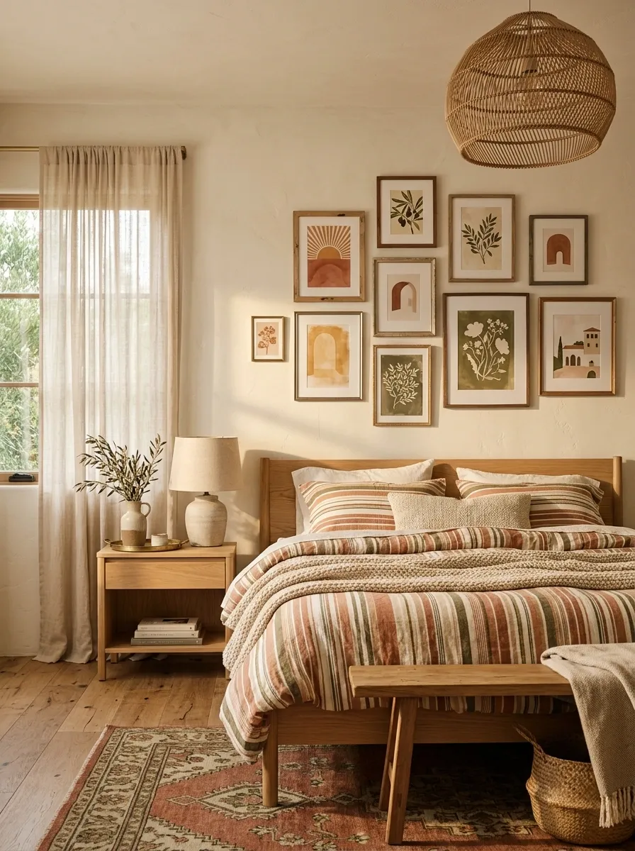 Terracotta Poster Wall With Warm Mediterranean Bedding