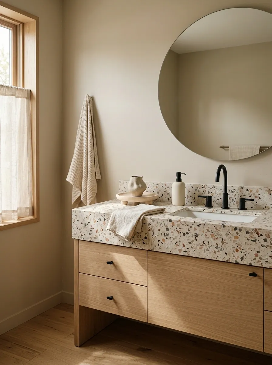 Terrazzo Bathroom With Light Wood Vanity