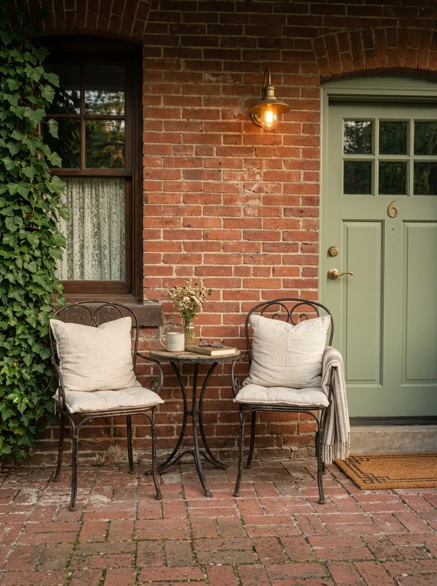 Tiny Brick Porch With Vintage Metal Chairs