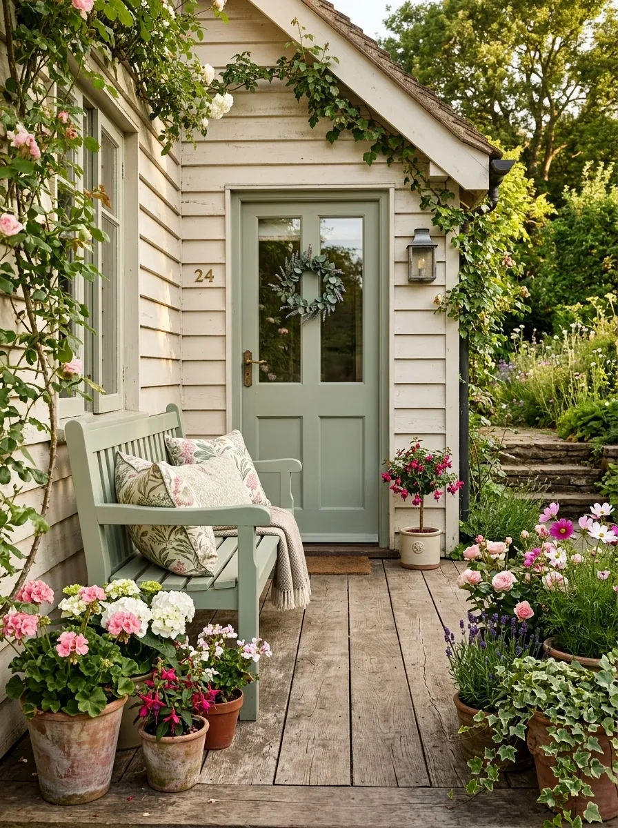 Tiny Cottage Porch With Painted Wooden Bench and Flowers