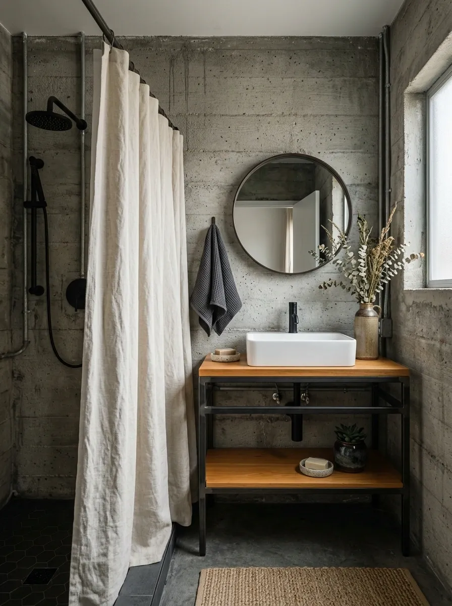 Tiny Industrial Bathroom With Natural Canvas Curtain