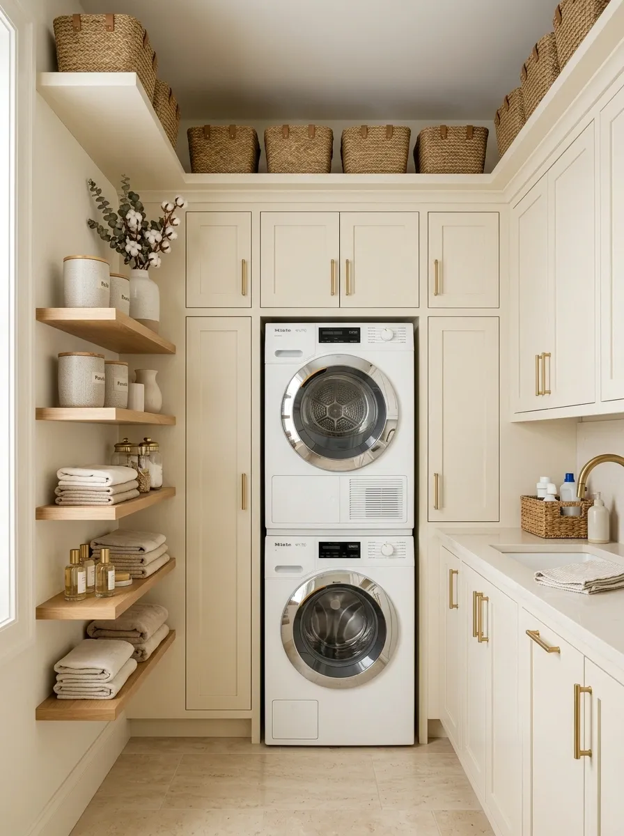 Tiny Laundry Closet With Wraparound Shelving