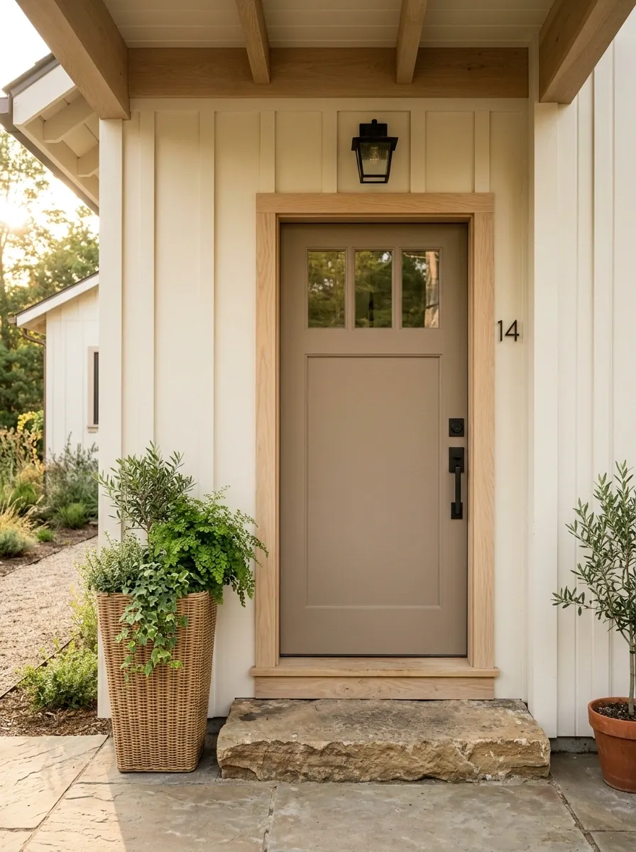 Tiny Modern Cottage Door With Layered Neutral Materials