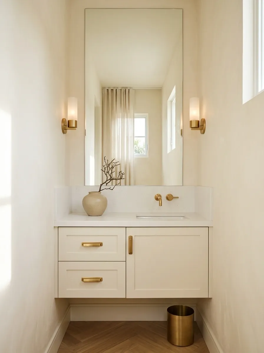 Tiny Powder Room Vanity With Oversized Mirror