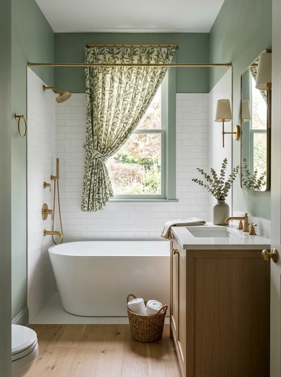 Tiny Sage Bathroom With Botanical Curtain and Light Oak Vanity