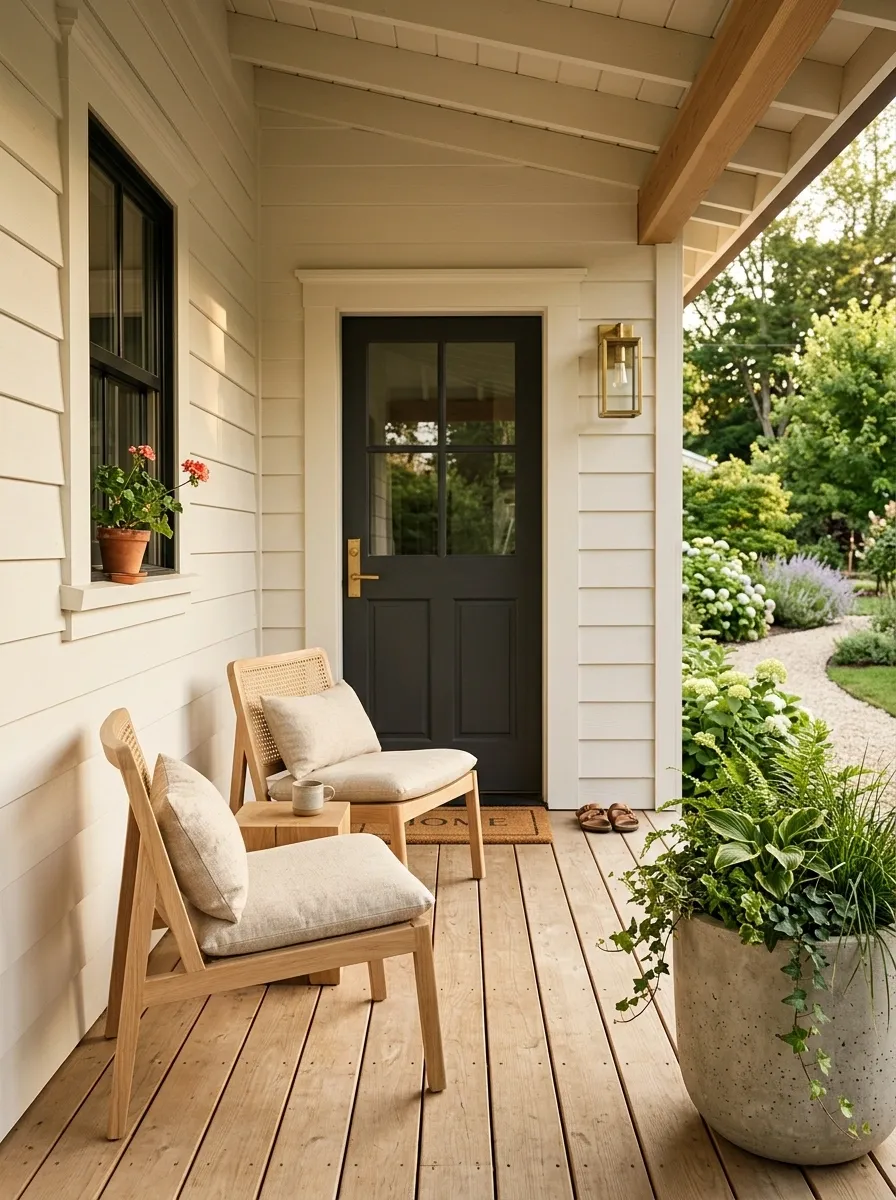 Tiny Scandinavian Porch With Two Pale Wood Chairs