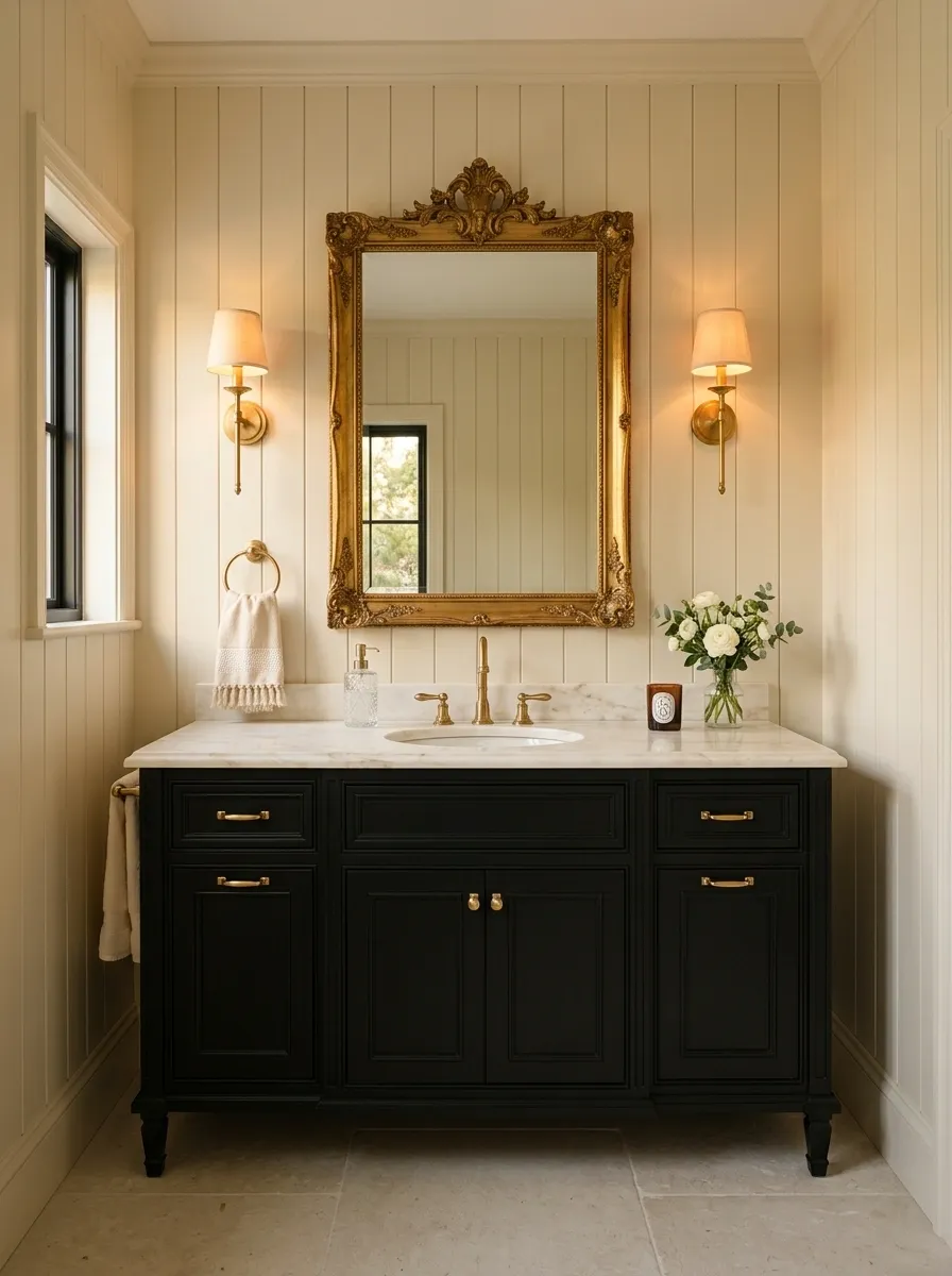 Traditional Black Vanity With Gold Sconces and Panelled Walls