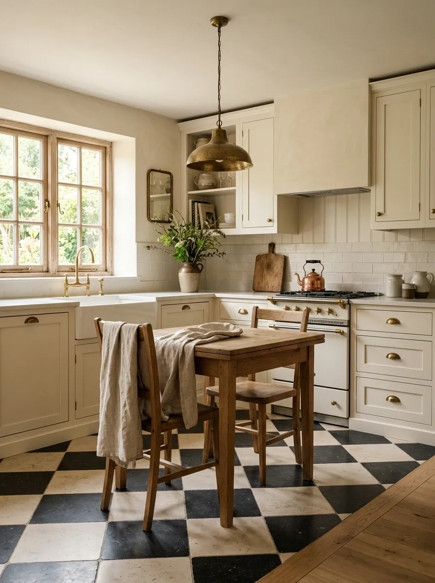 Traditional Kitchen With a Black-and-Cream Checkerboard Floor