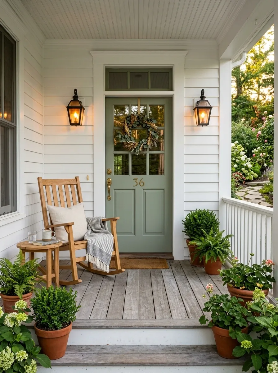 Traditional Porch With a Small Rocking Chair and Lanterns
