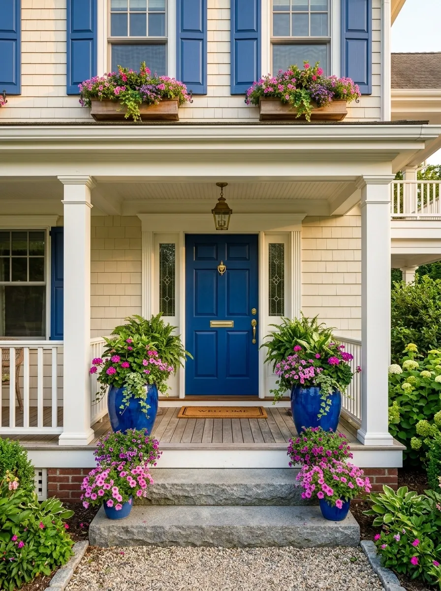 Traditional Porch With Flowering Plants in Window-Box Colors