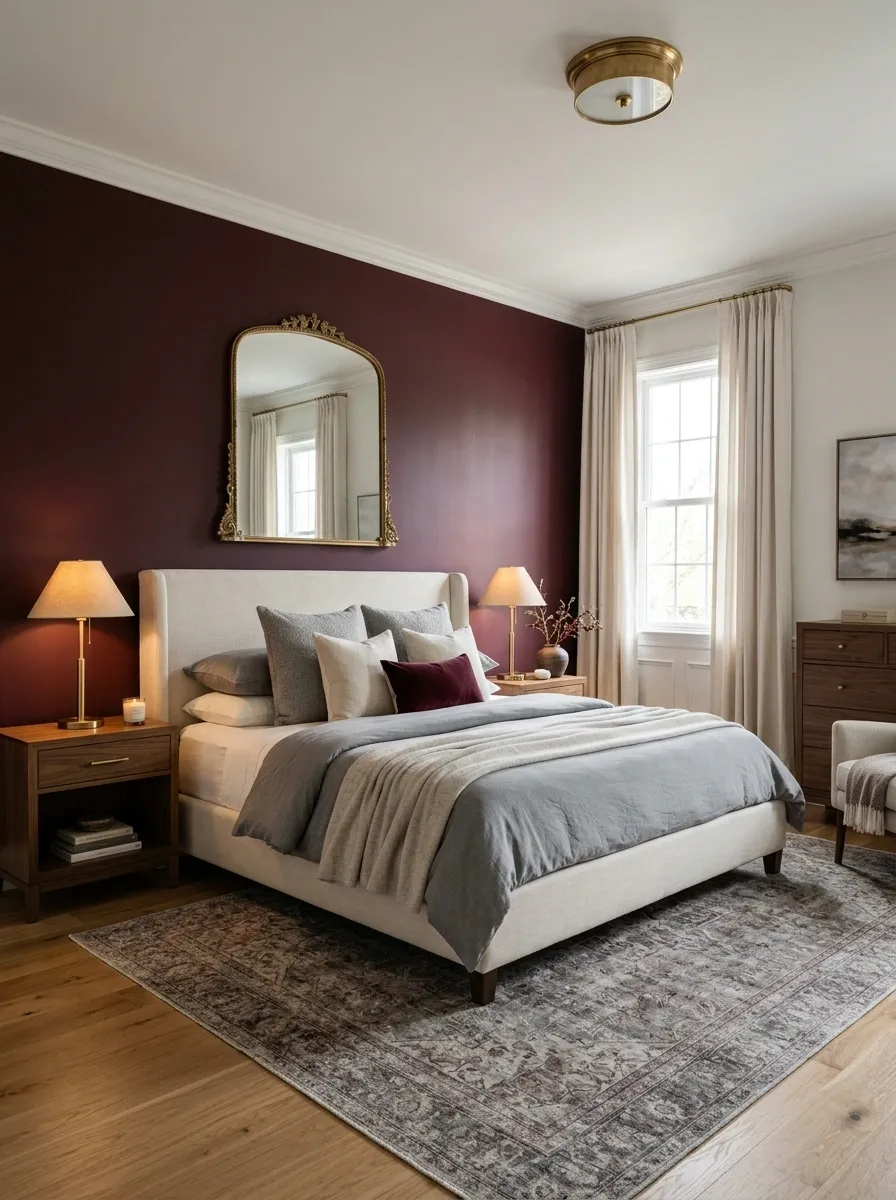 Transitional Burgundy Bedroom With Soft Gray