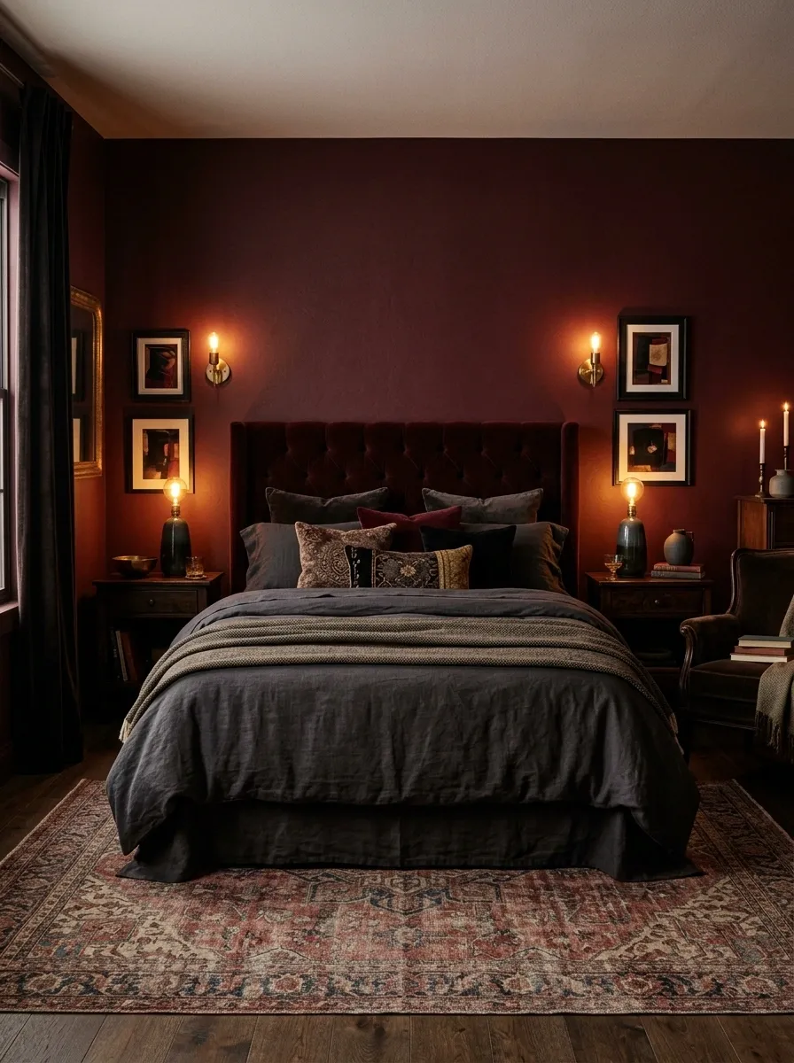 Try a Moody Burgundy Bedroom With Low Lighting
