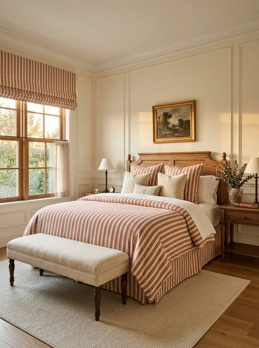 Try Red-and-Cream Stripes for a Classic Bedroom