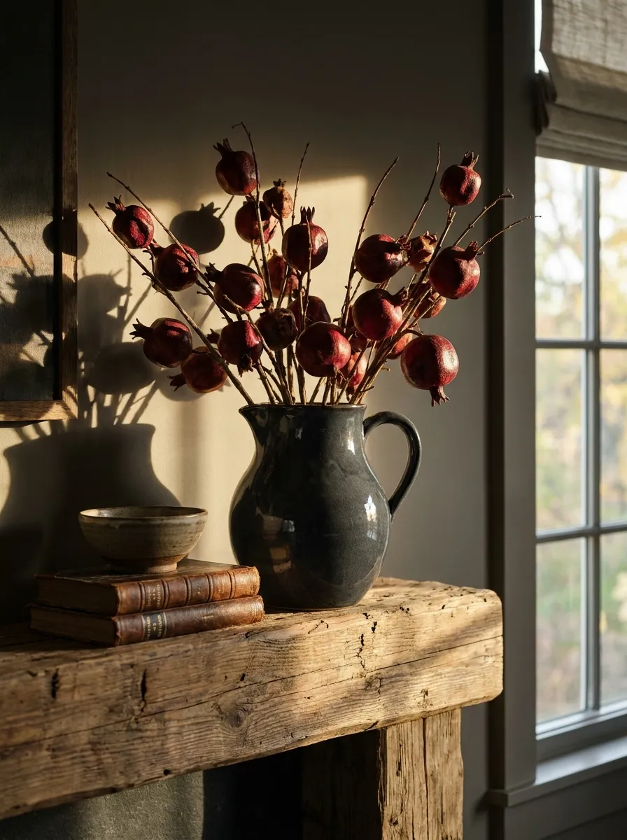 Tuck Dried Pomegranate Branches into Dark Glazed Pitchers
