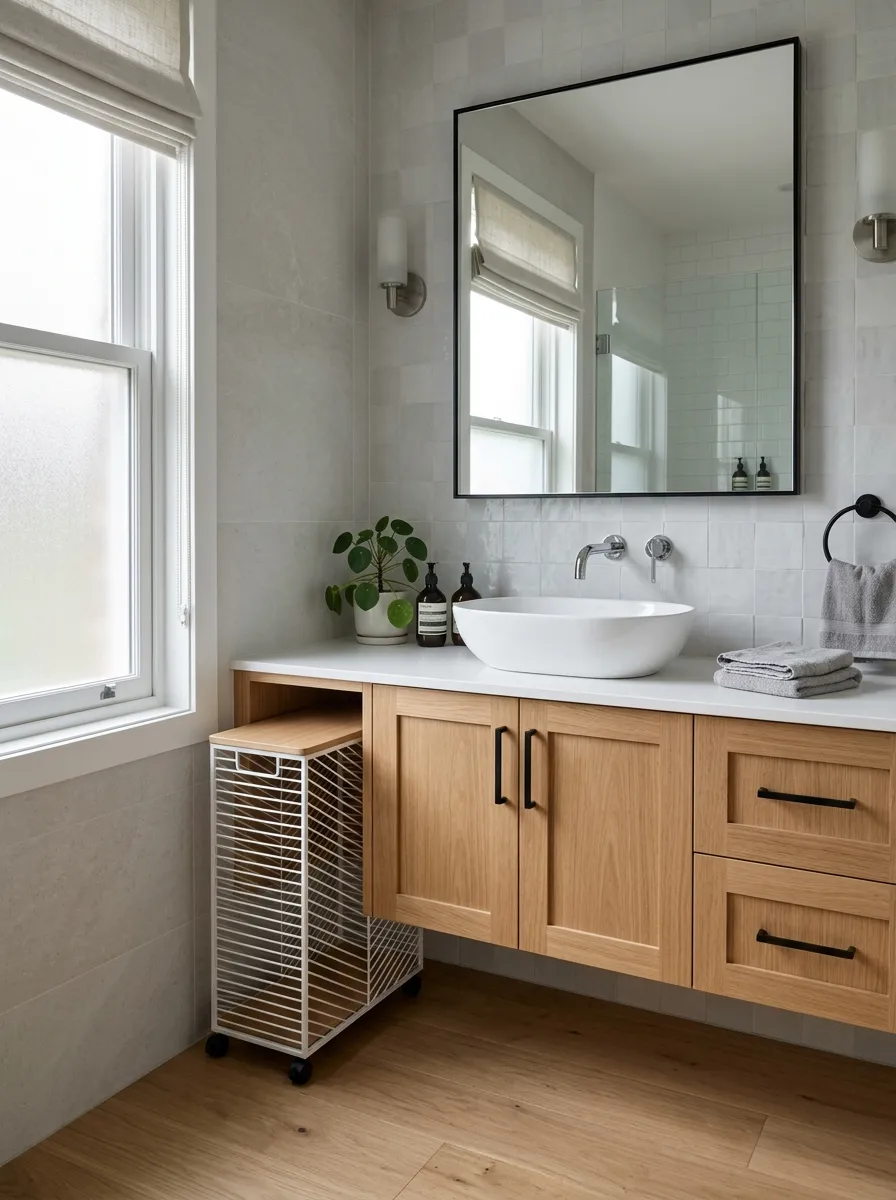Tuck Storage Hampers into Unused Vanity Knee Walls