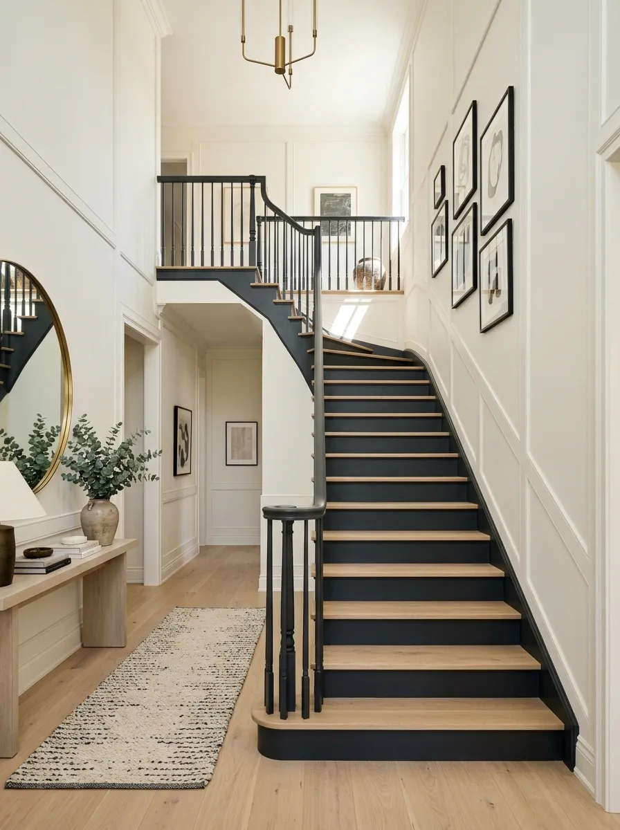 Two-Tone Staircase With Painted Risers and Natural Treads