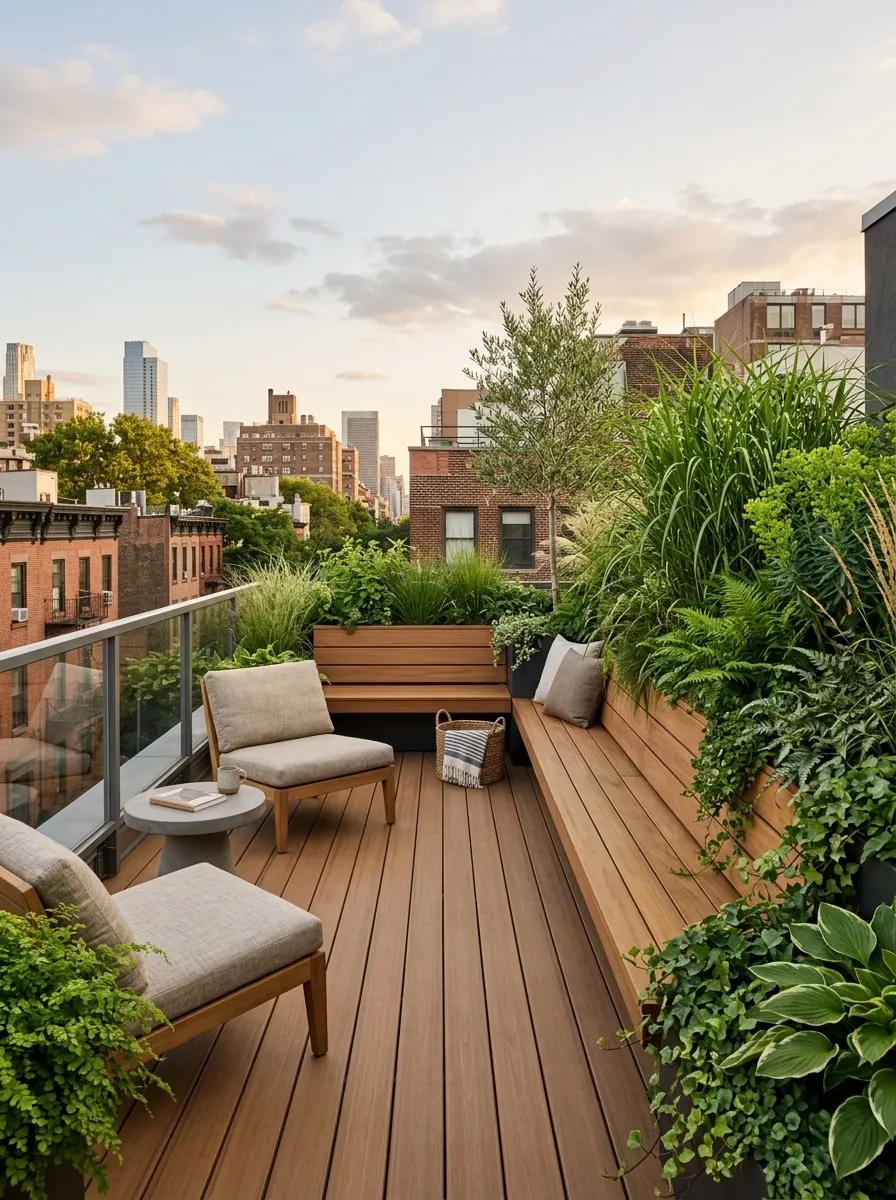 Urban Rooftop Garden Wrapped Around a Built-In Bench