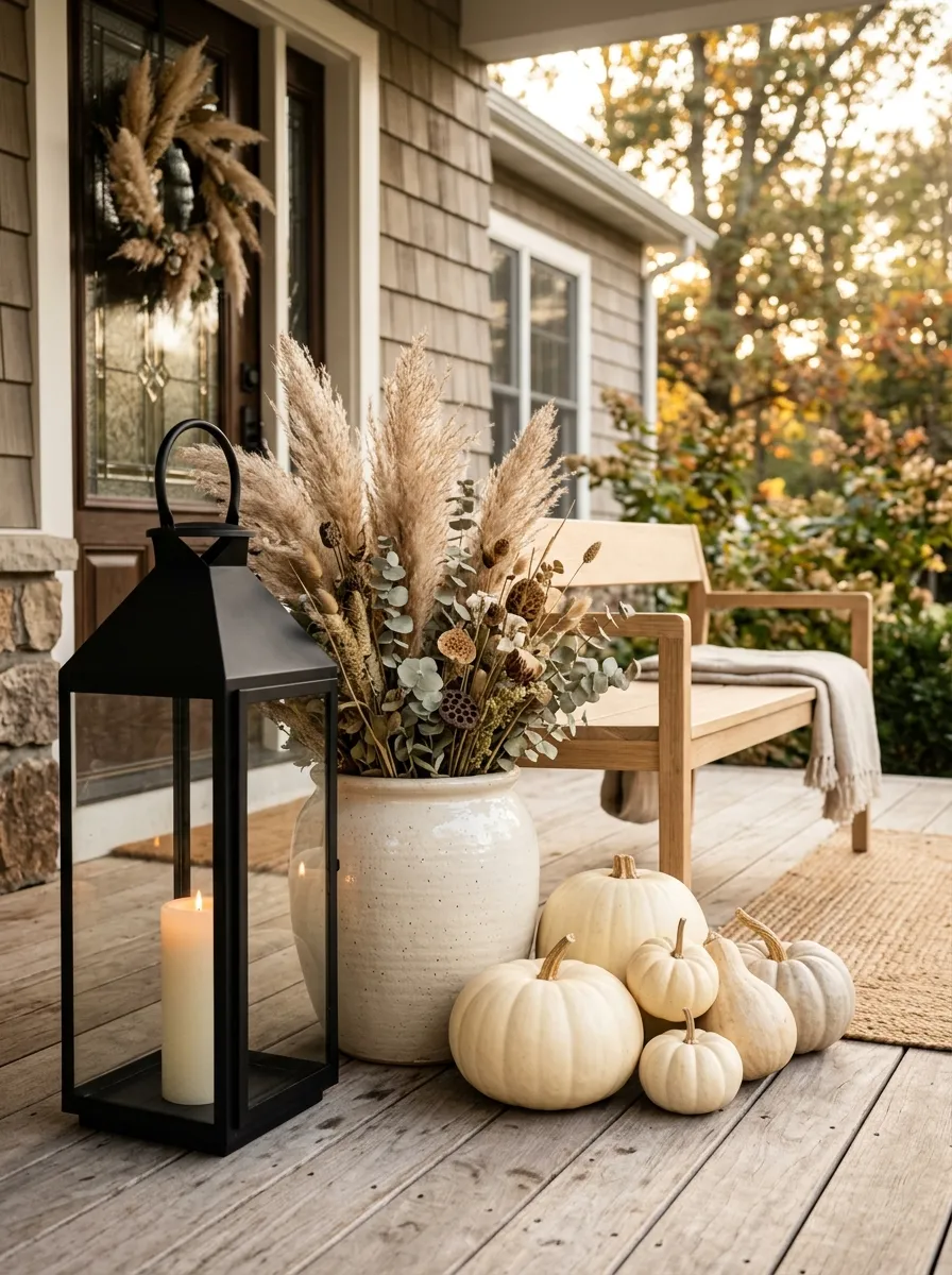 Use a Black Outdoor Lantern to Ground Pale Fall Decor