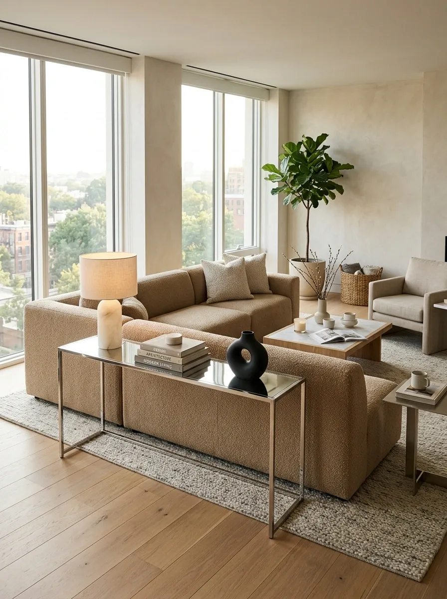 Use a Chrome Console Behind the Sofa to Define the Room