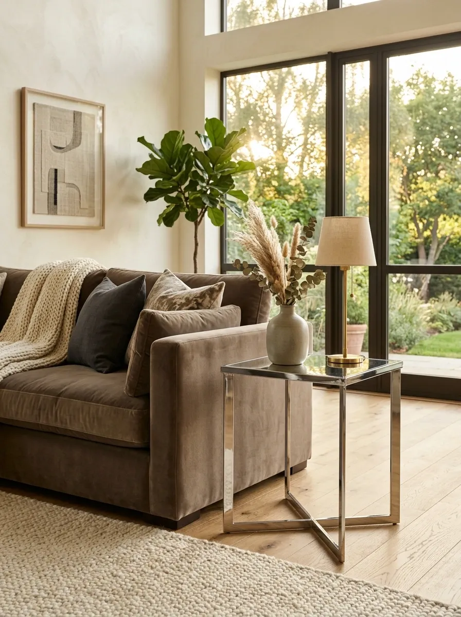 Use a Chrome Side Table Beside a Deep, Soft Sofa
