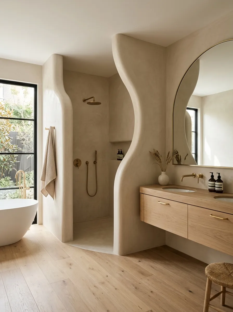 Use a curved wall when the bathroom needs softer lines