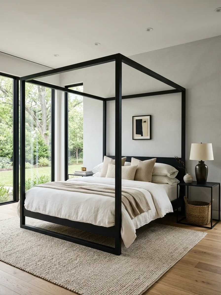 Use a Dark Canopy Frame Against Pale Bedding