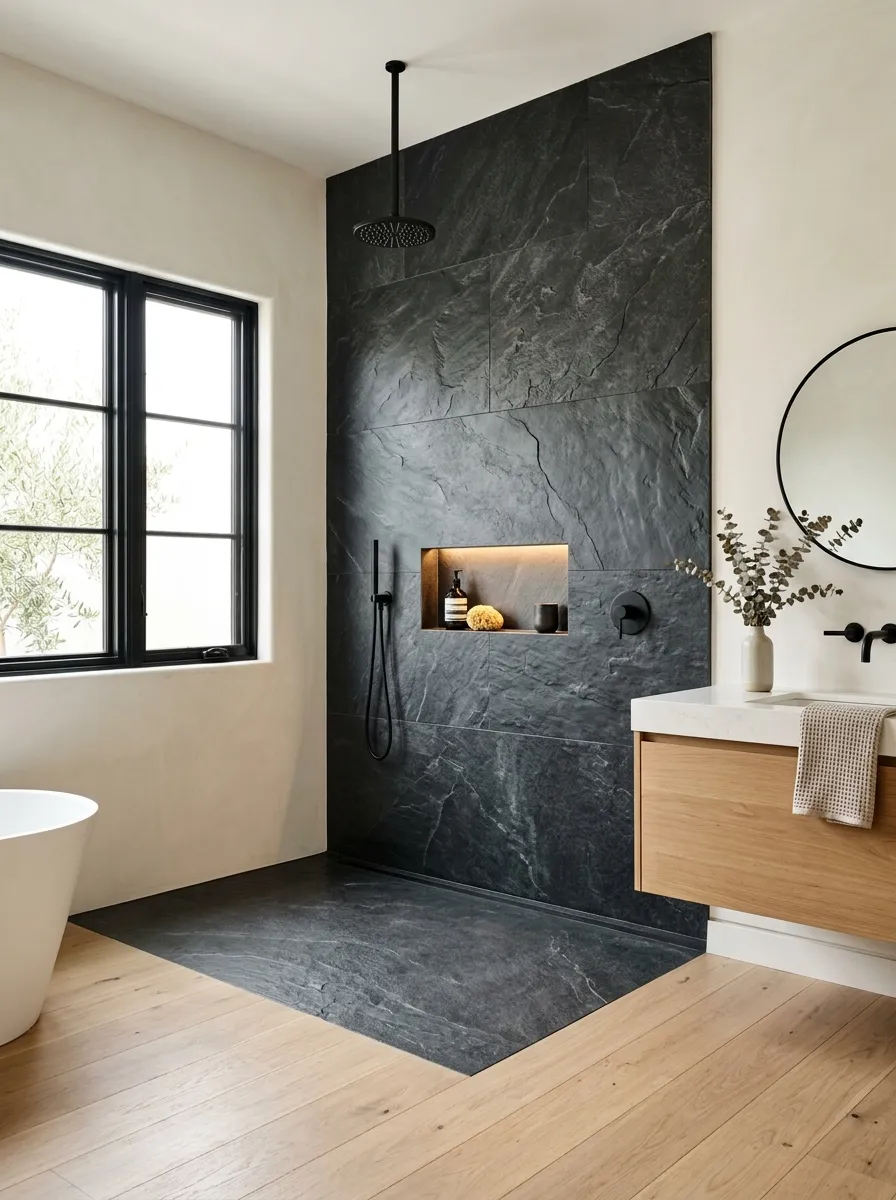 Use a dark shower wall against a light bathroom