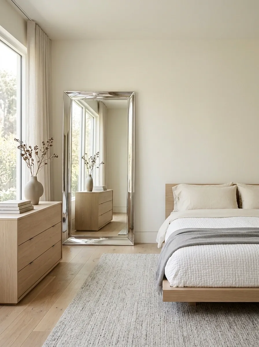 Use a Large Chrome Mirror as the Main Bedroom Statement