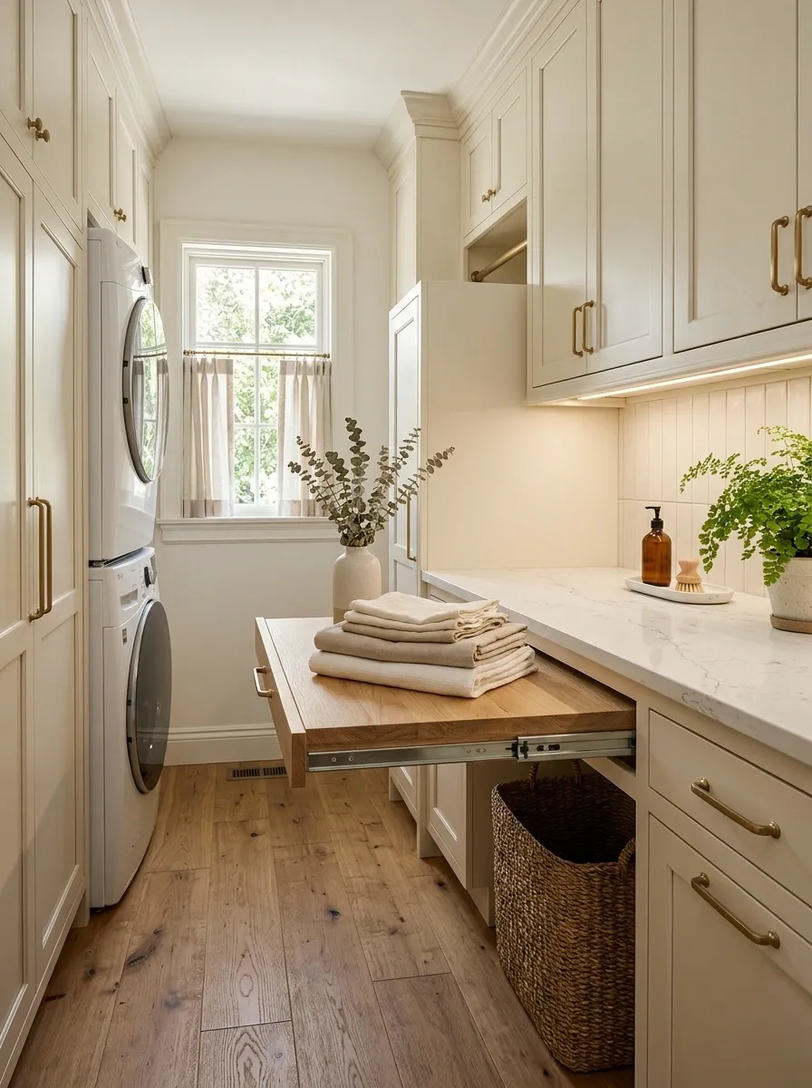 Use a Pull-Out Folding Surface in a Narrow Laundry Room