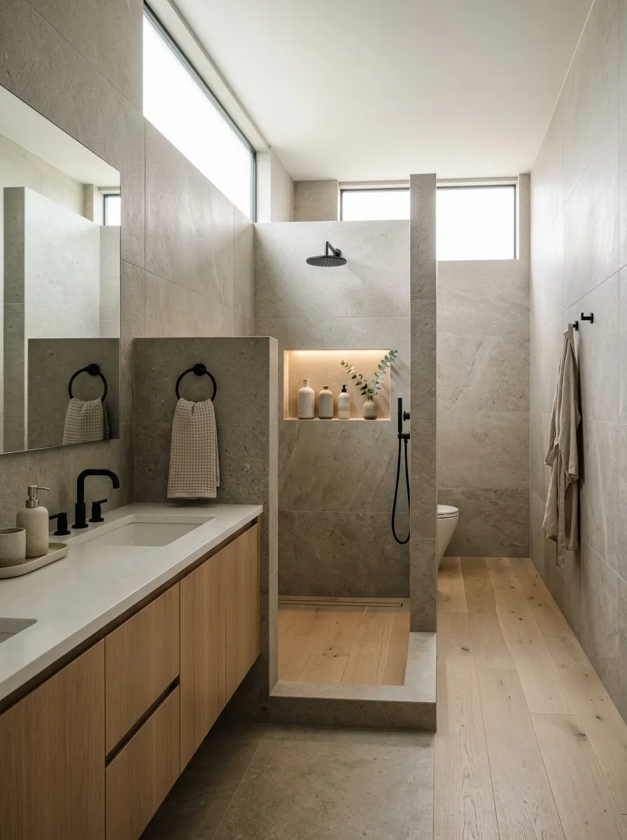 Use a short return wall to create a tucked-away shower