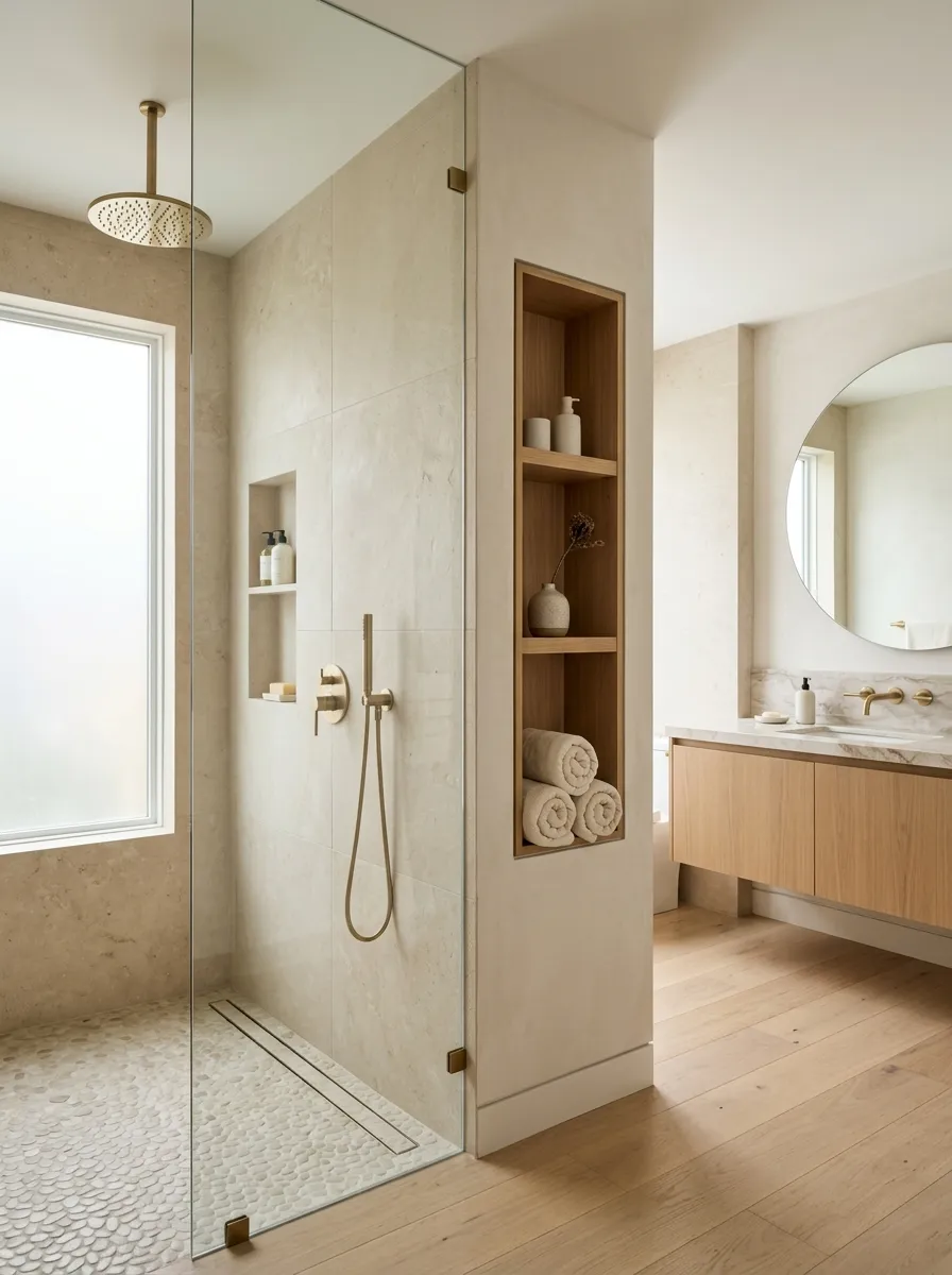 Use a slim wall with a built-in niche on the bathroom side