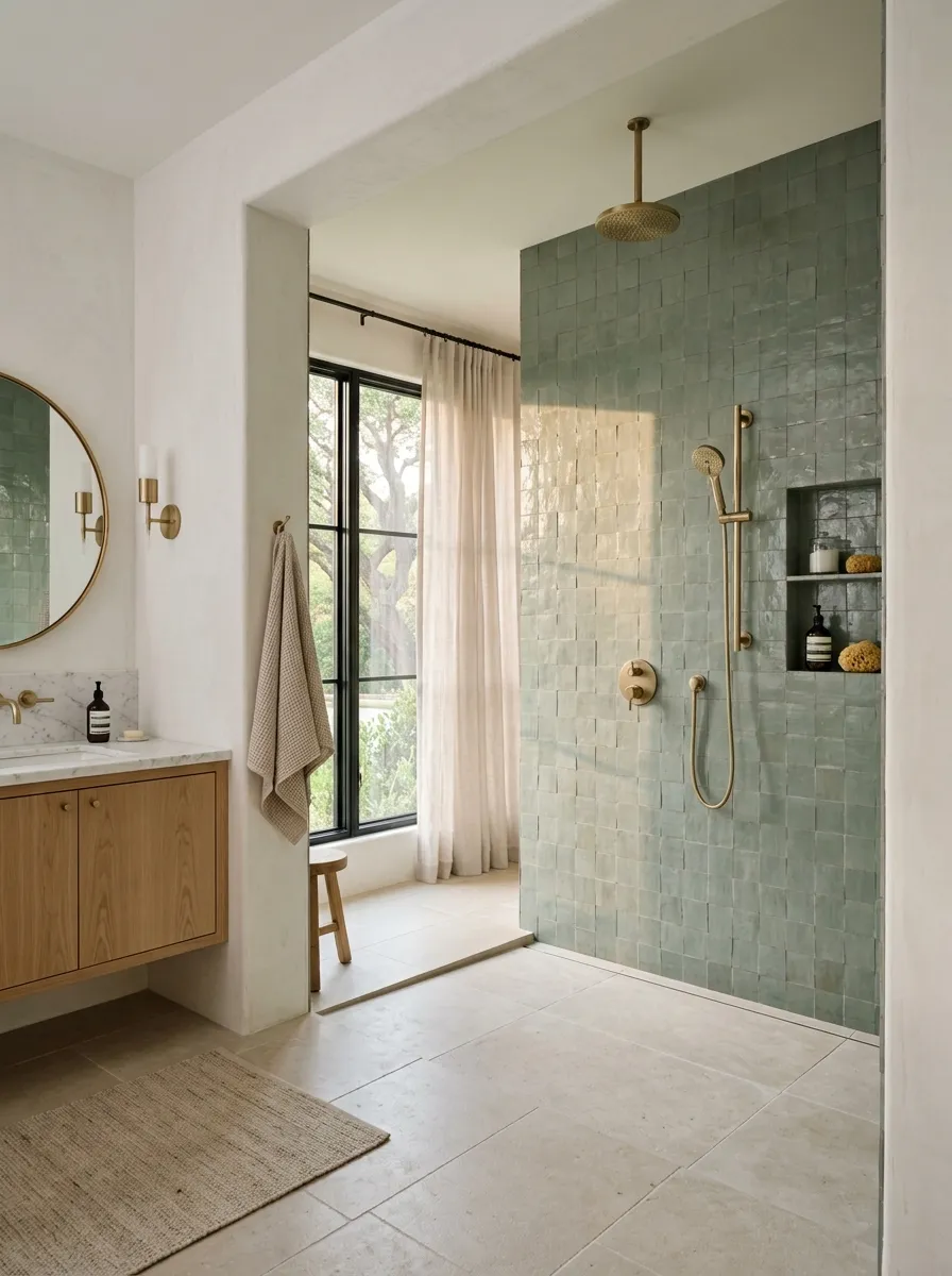 Use a soft green tile for a calm natural shower