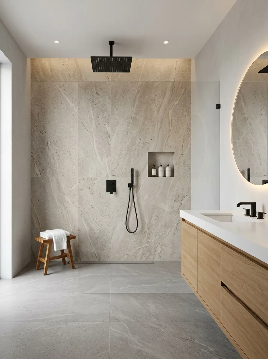 Use a stone-look wall with matte black fixtures