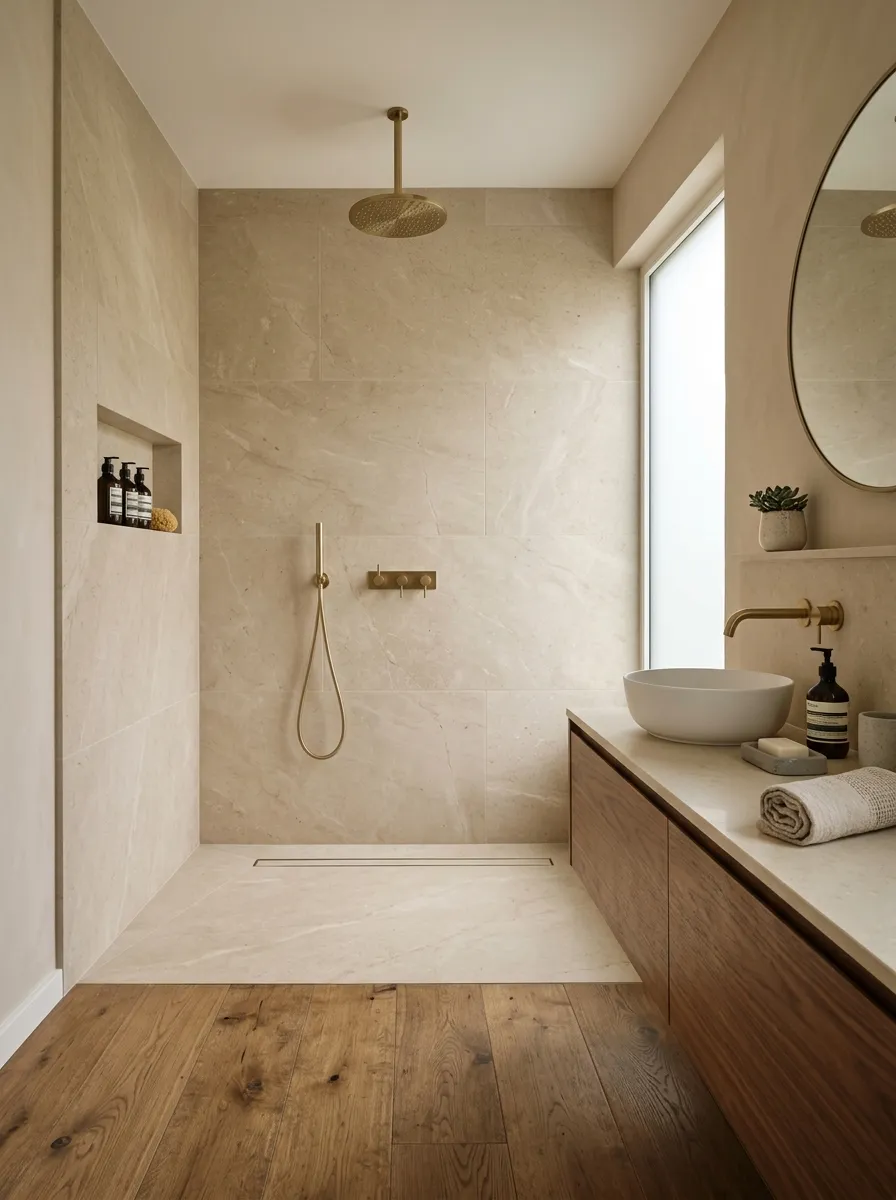 Use a warm stone palette to soften a modern shower