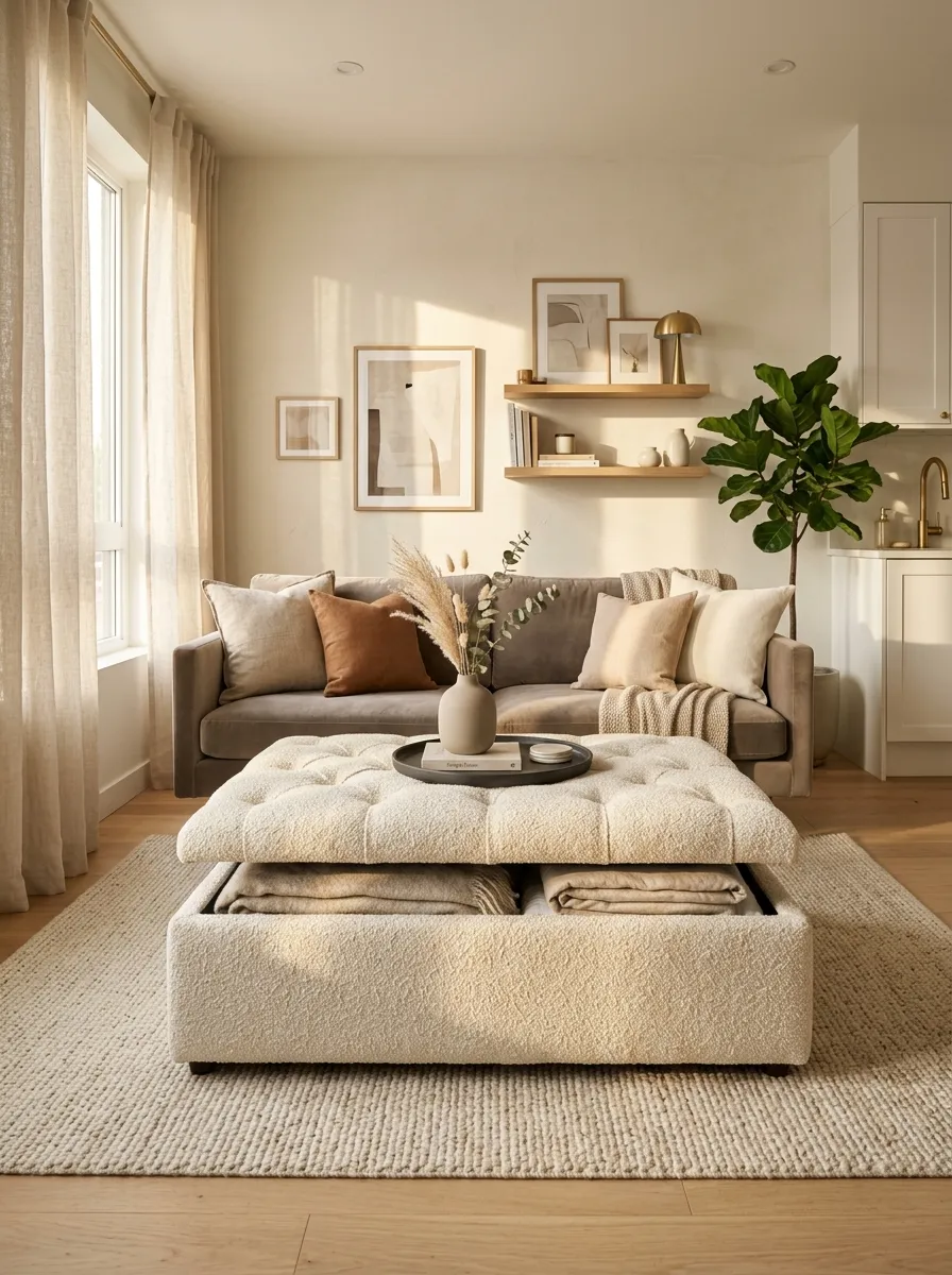Use an Ottoman That Stores Blankets and Extra Linens