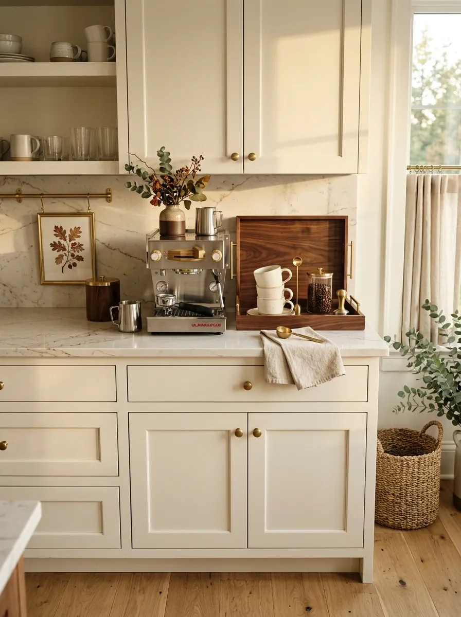 Use Brass and Warm Neutrals for a Dressier Coffee Bar