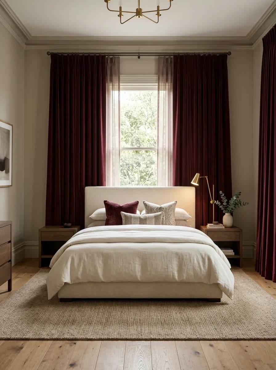 Use Burgundy Curtains to Frame the Bed
