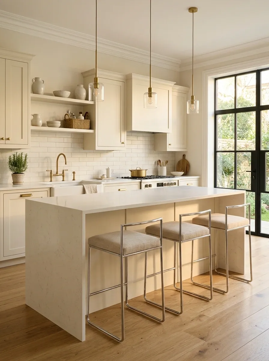 Use Chrome Bar Stools to Sharpen a Soft Kitchen Palette