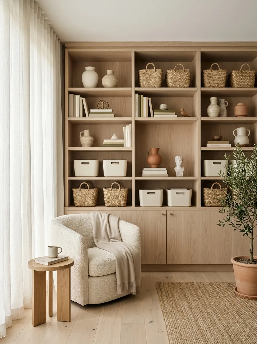 Use Matching Storage Bins to Calm Open Shelving