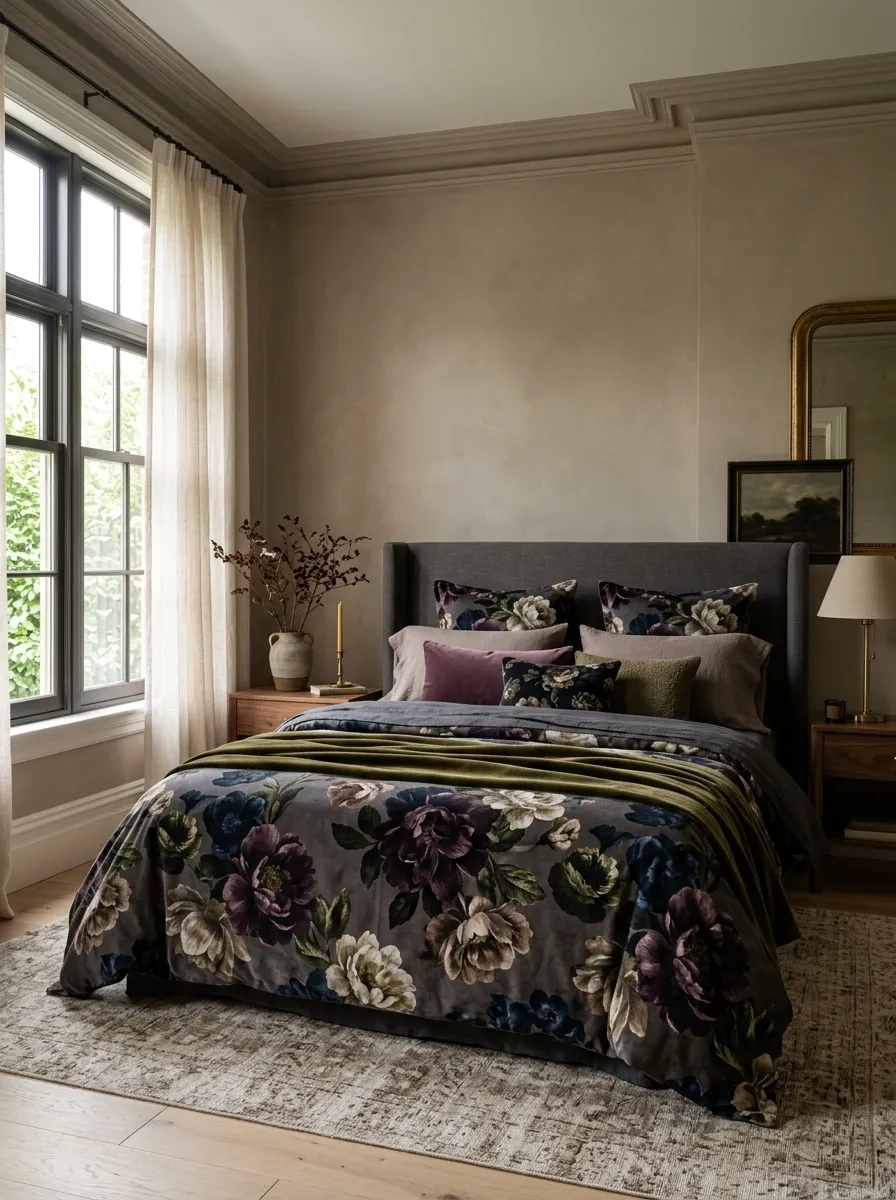Use Moody Floral Bedding in an Otherwise Simple Room