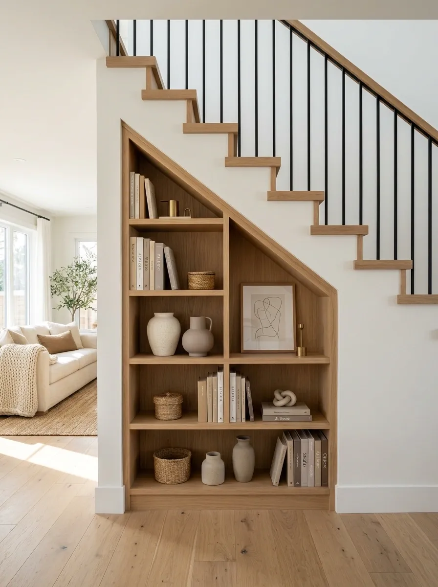 Use Open Shelving Under the Stairs for Display and Storage
