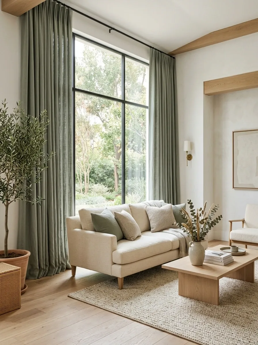 Use Sage Green Curtains to Frame a Bright Window