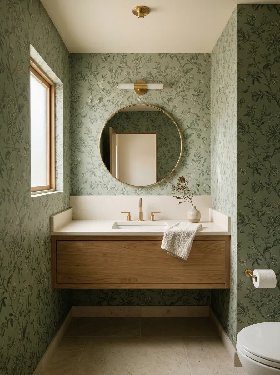 Use Sage Wallpaper in a Small Powder Room