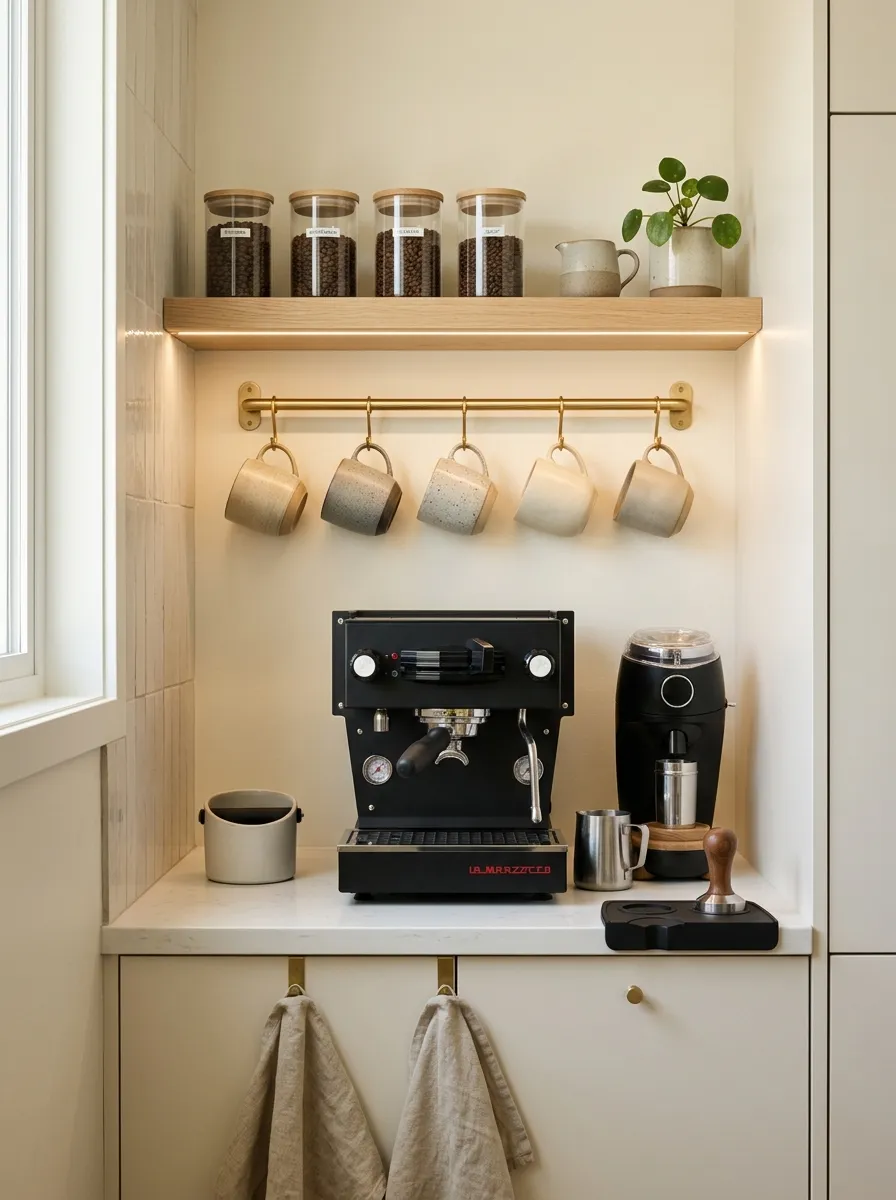 Use Vertical Storage for a Narrow Coffee Corner
