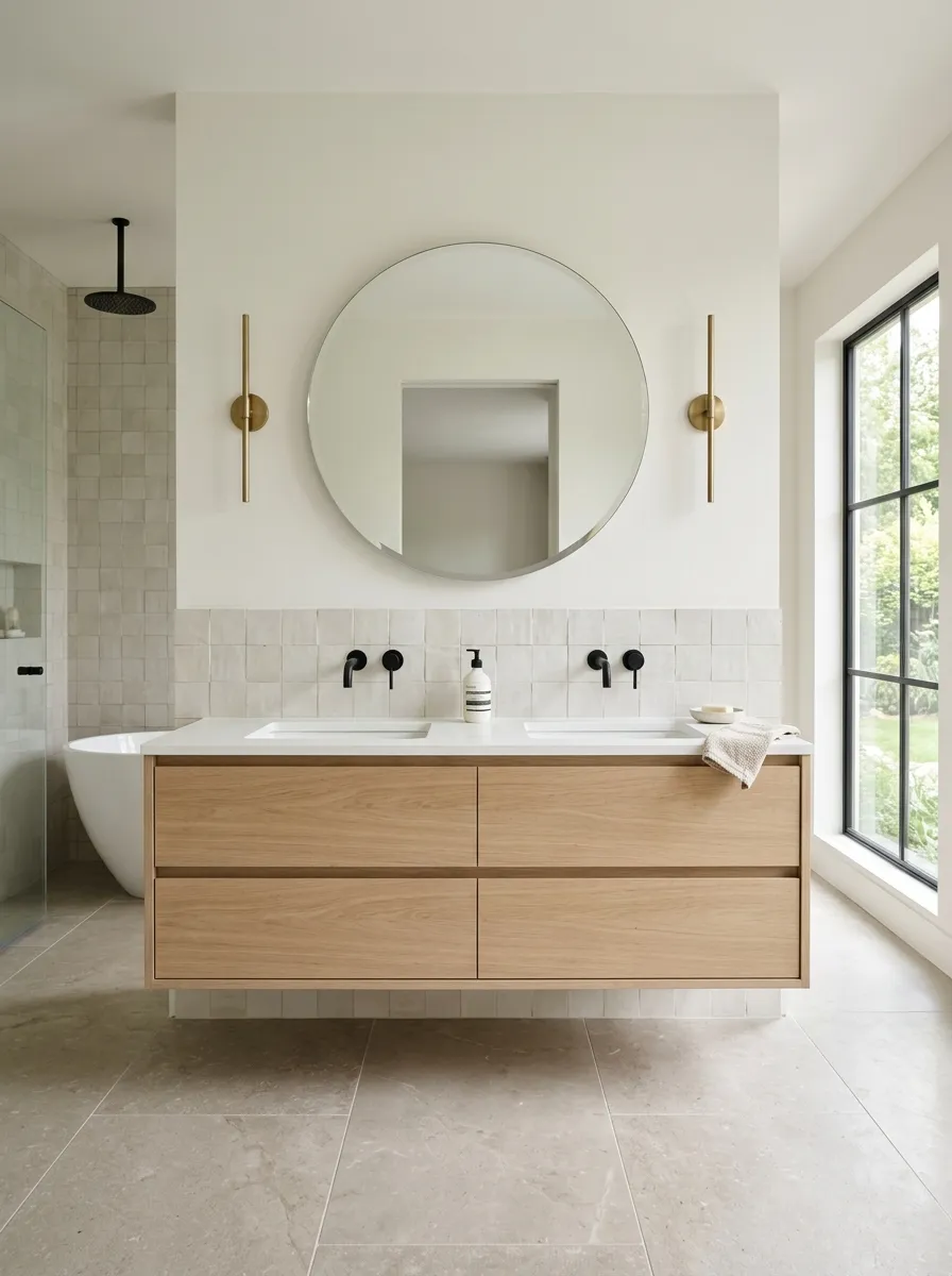 Use Wall-Mounted Fixtures to Make the Vanity Feel Lighter
