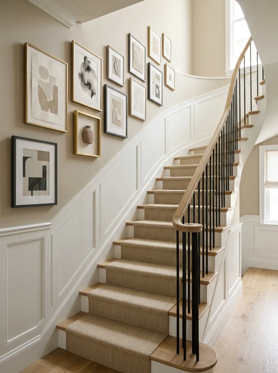 Use Warm Neutrals to Keep a Narrow Stairway From Feeling Busy