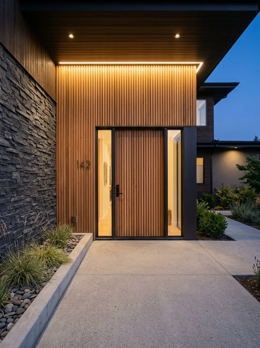 Vertical Slat Door With Recessed Porch Lighting