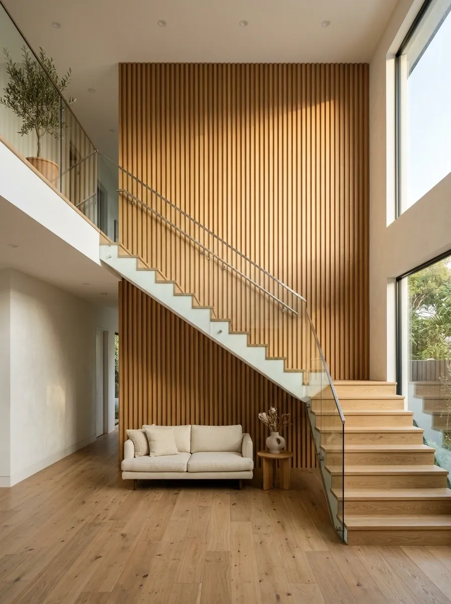 Vertical Slat Wall With Warm Timber Stair Details